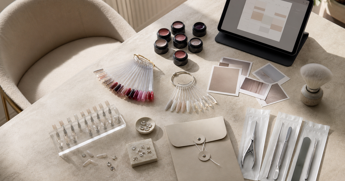 Diagonal nail salon planning counter with gel swatches, press-on tips, charms, repair envelope, tablet, and dust brush.