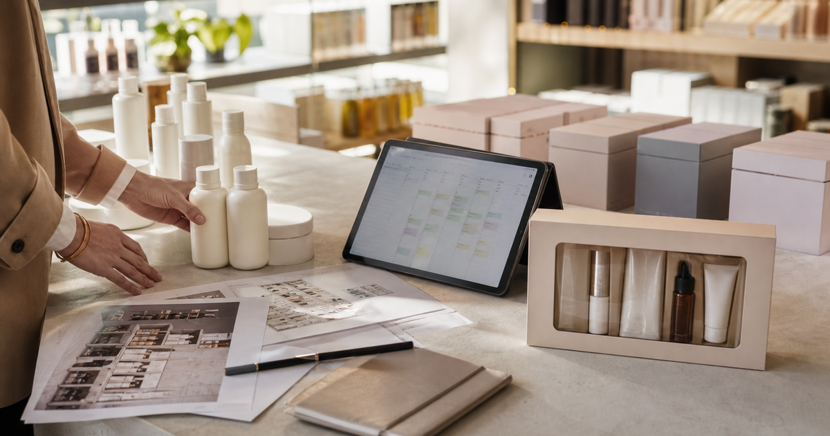 Premium beauty store back-office desk with unlabeled haircare bottles, discounted skincare sets and a launch calendar tablet.