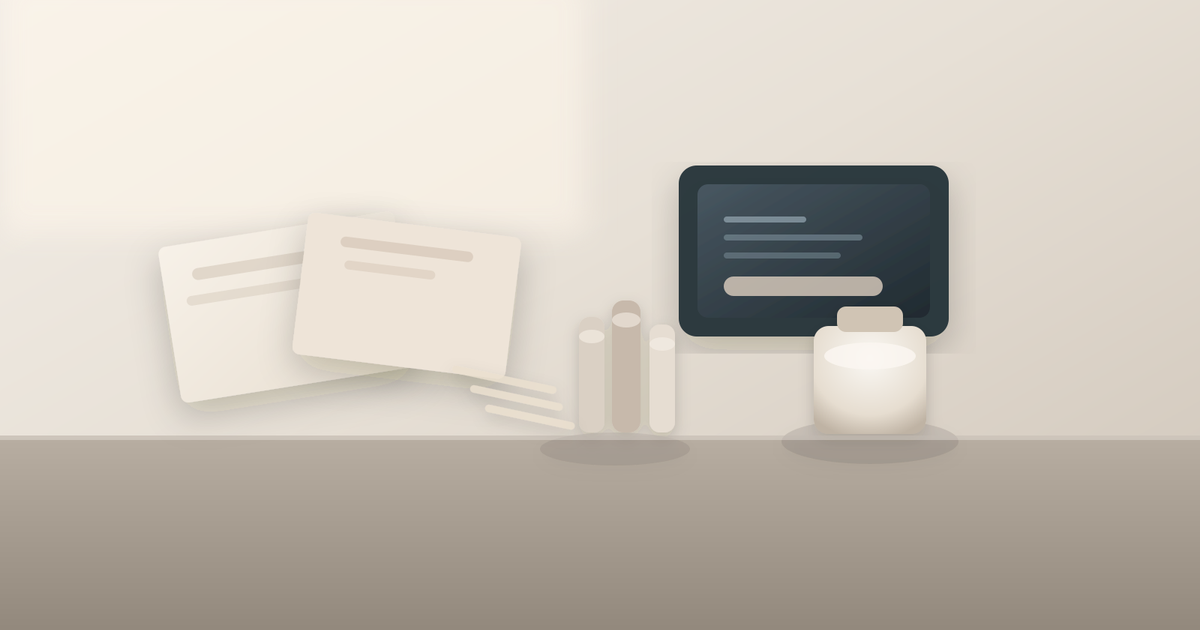 Stone beauty retail counter with fragrance blotters, paper packaging mockups, and a merchandising tablet.