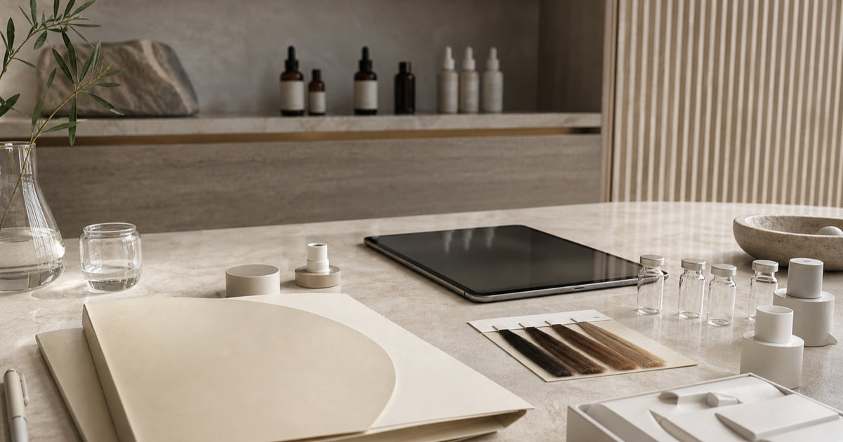 A clinic workspace with sample vials, packaging mockups, a tablet and treatment intake papers.