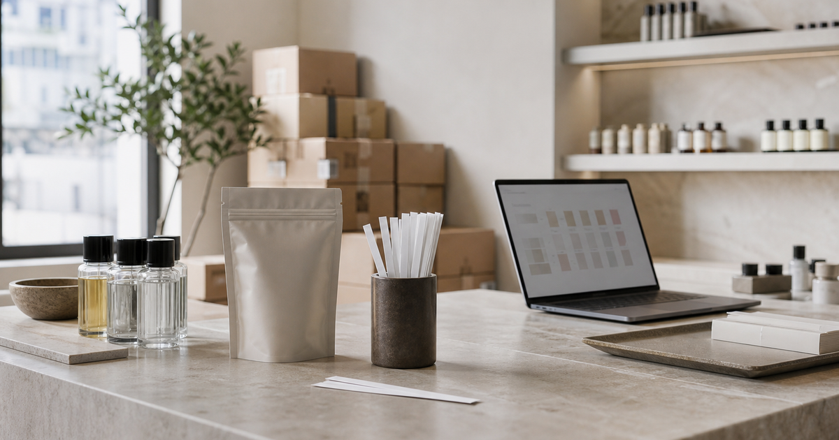Beauty retail consultation counter with fragrance strips, supplement pouch, laptop, and shipping cartons.