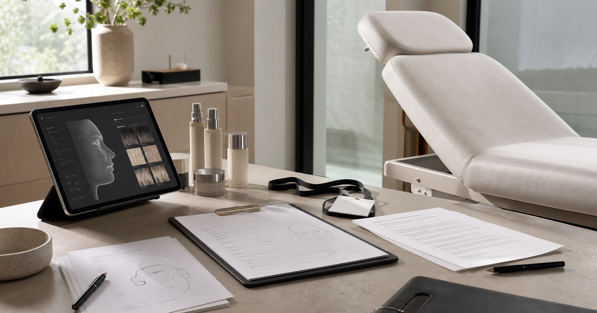 Medspa consultation room with tablet analysis visuals and consent forms for beauty technology story