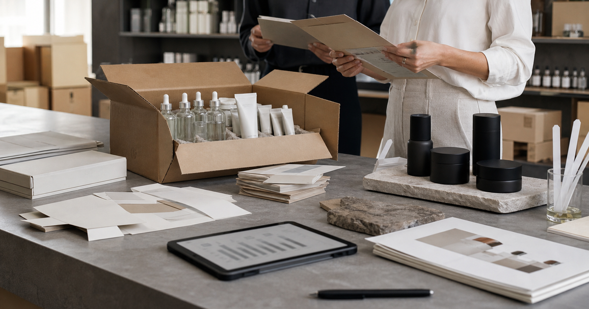 Beauty retail backroom workspace with packaging mockups, sunscreen tubes, and a tablet beside an open shipping carton.