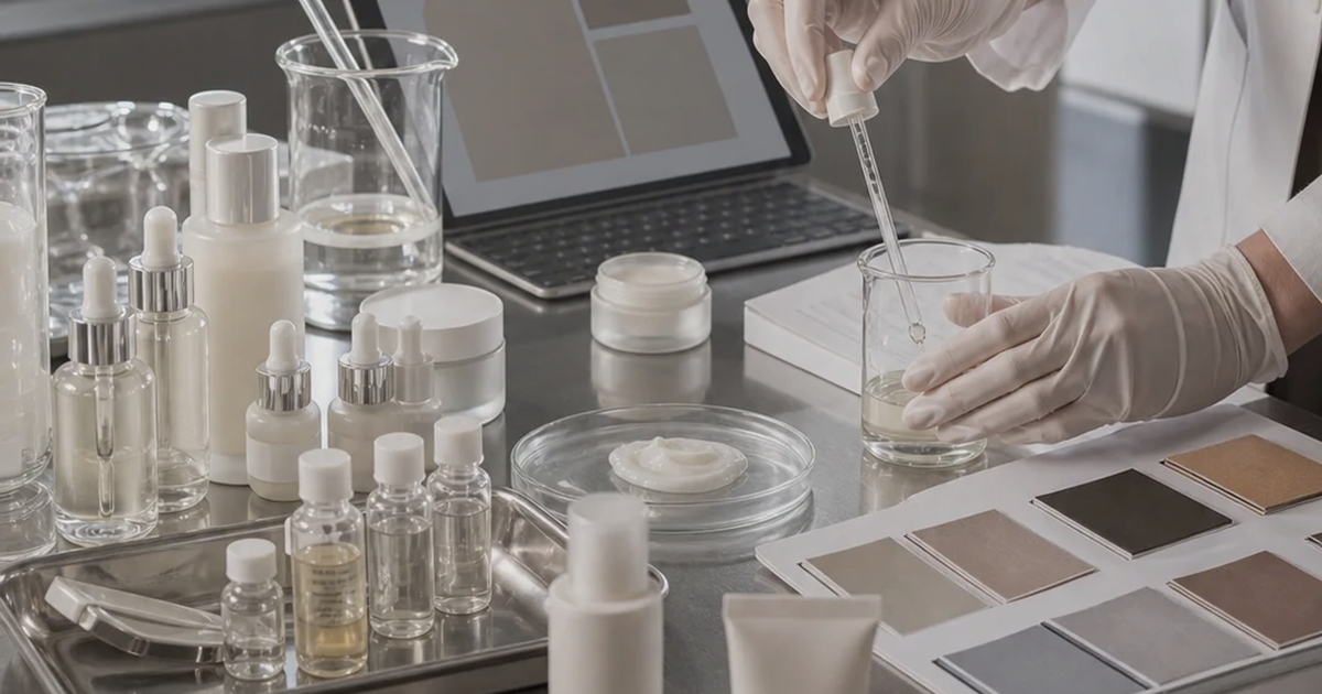 Product-development lab table with sample bottles, swatches, a tablet, and gloved hands adjusting beauty formulas