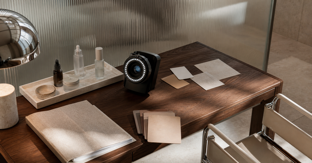 Polarized skin analysis lens and sample cards on a walnut consultation desk in an aesthetic clinic.