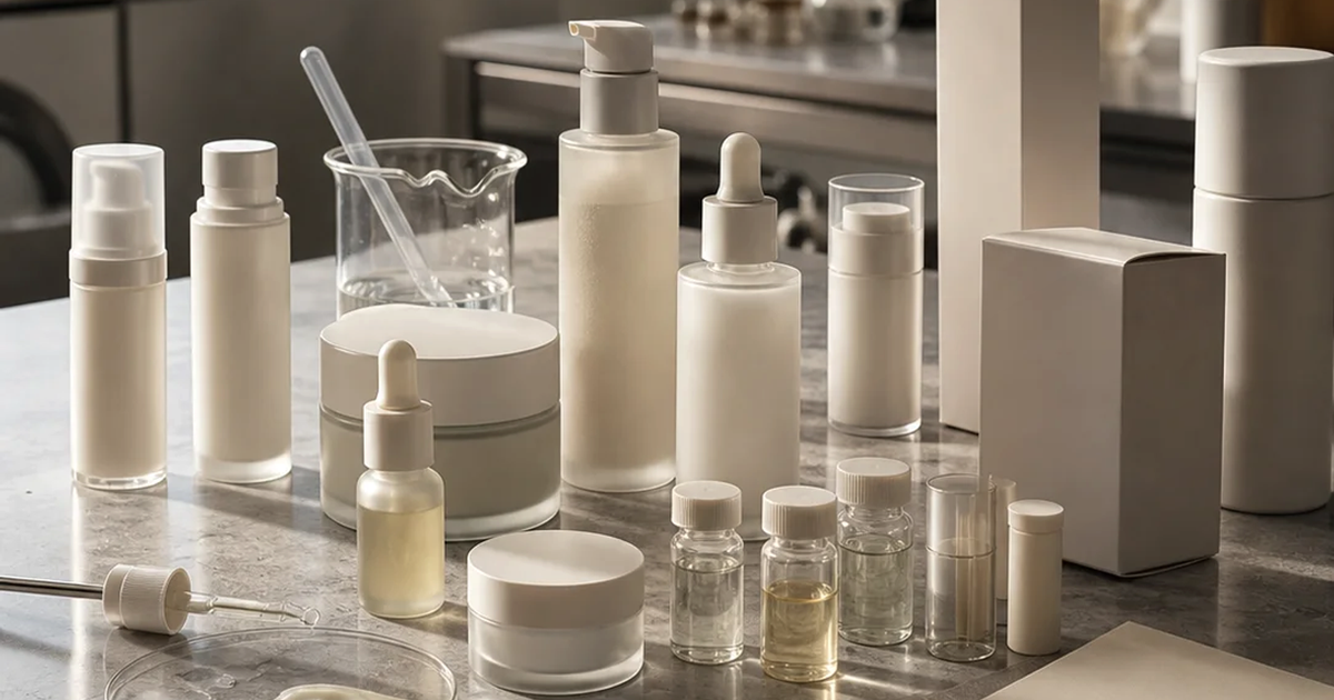 Beauty retail counter with fragrance bottles, skincare tubes, sunscreen, and a tablet in soft daylight