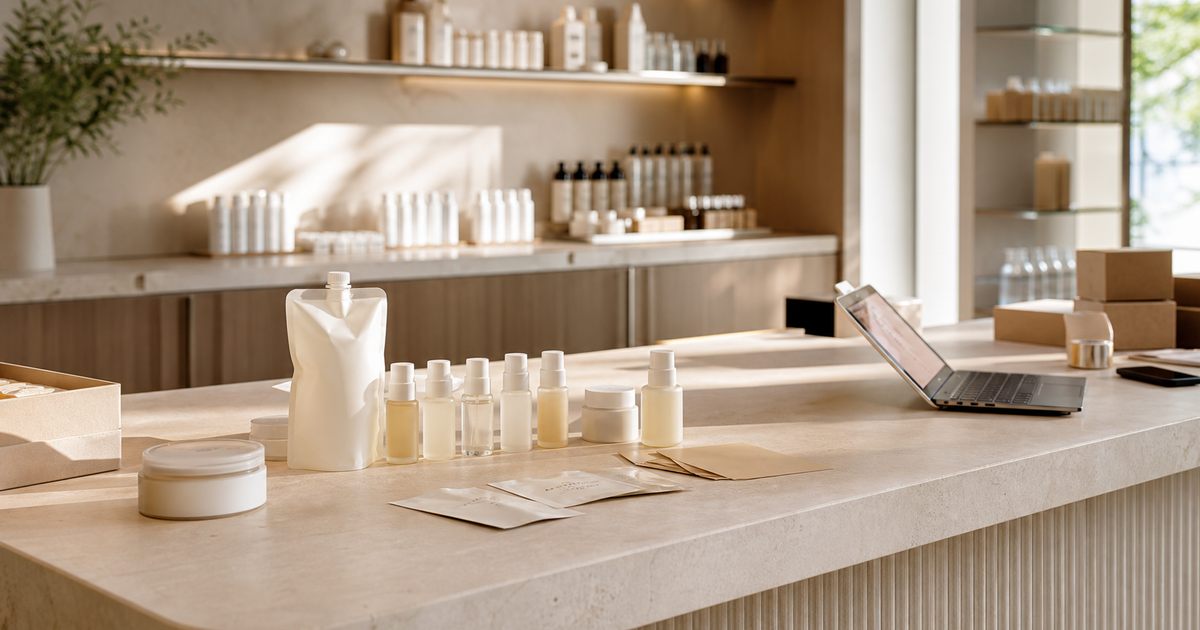 Beauty retail counter with miniature cosmetic containers, refill pouch, packaging samples, and a laptop.