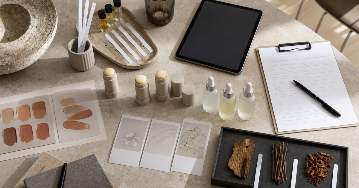 Clinic retail worktable showing skincare triage tools, blank tablet, swatches, and intake form