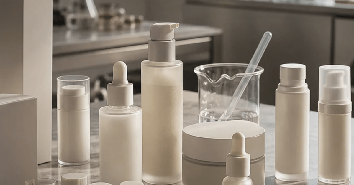Premium beauty consultation room with stone display table, unlabeled skincare vessels, chrome tray, and tablet schedule.