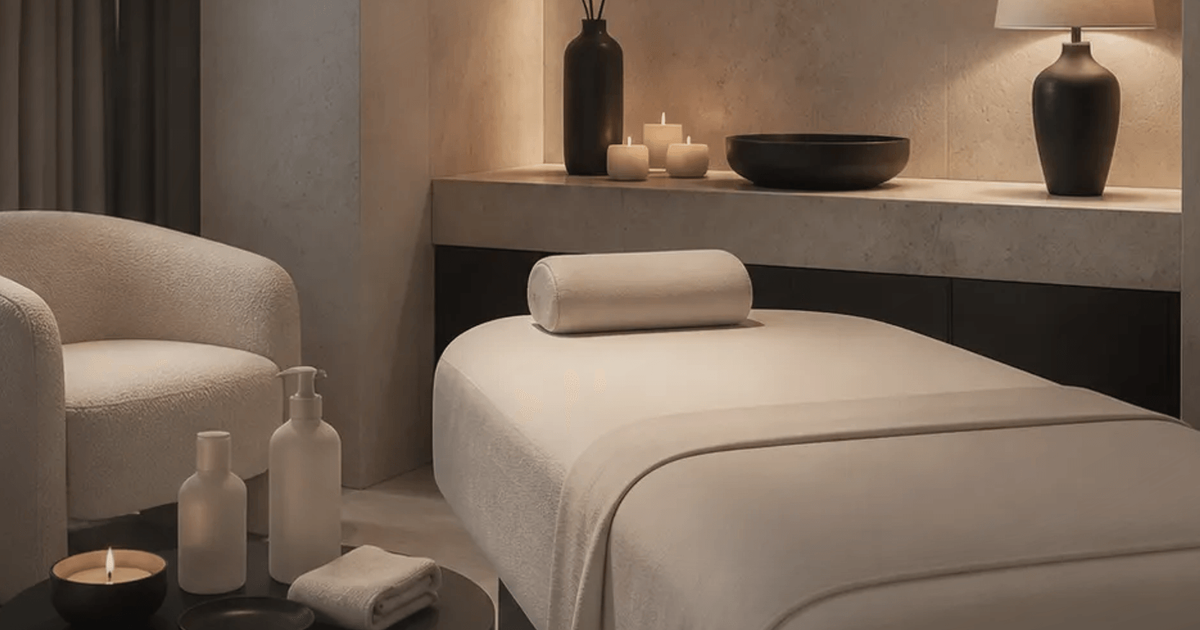Modern medspa treatment room with a low bed, rolled towels, pump bottles, and warm stone lighting.
