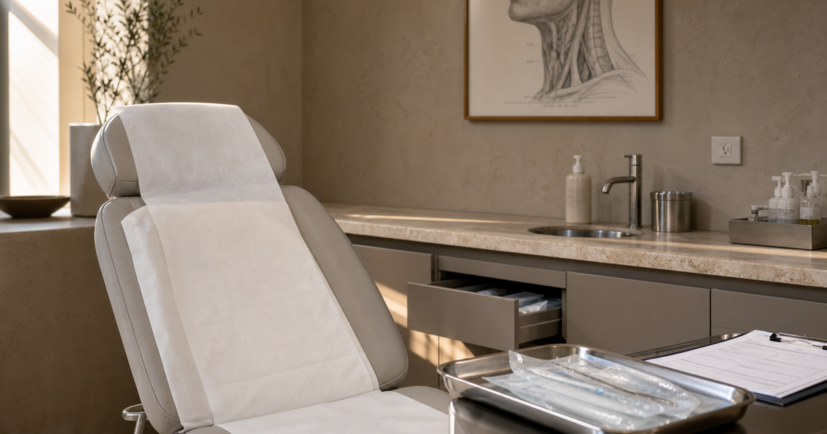 Medspa treatment room workspace with consent forms, sterile packs, and a partially open emergency kit drawer