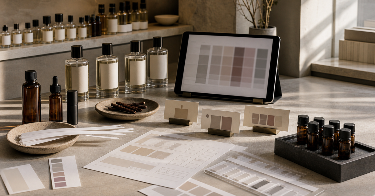 Beauty retail merchandising counter with fragrance tester strips and shelf planning cards for a dupe-demand report.