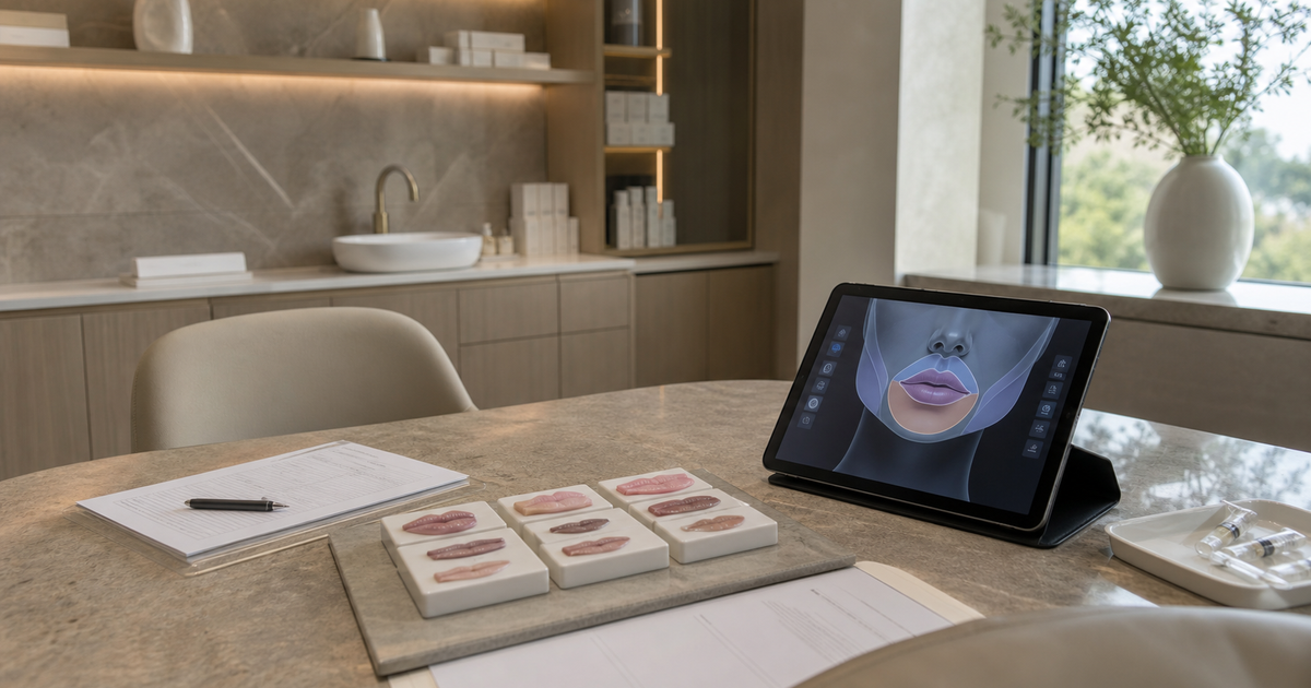 Stone consultation desk in a medspa room with lip products, intake forms, and a tablet