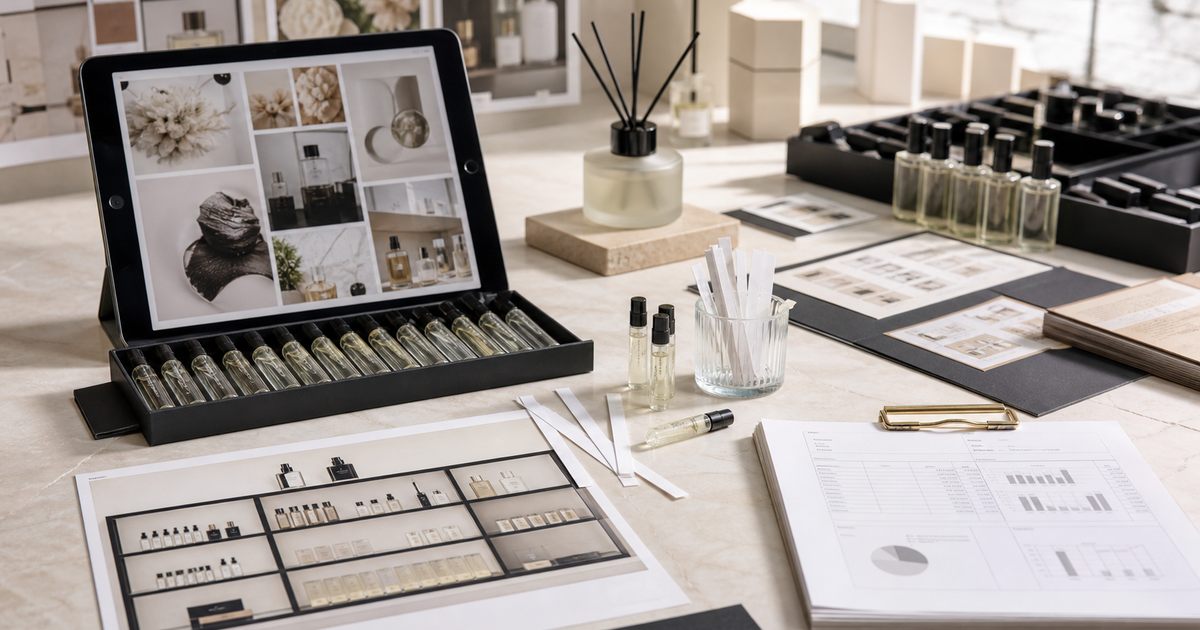 Beauty retail worktable using visual moodboards to plan fragrance tester recommendations