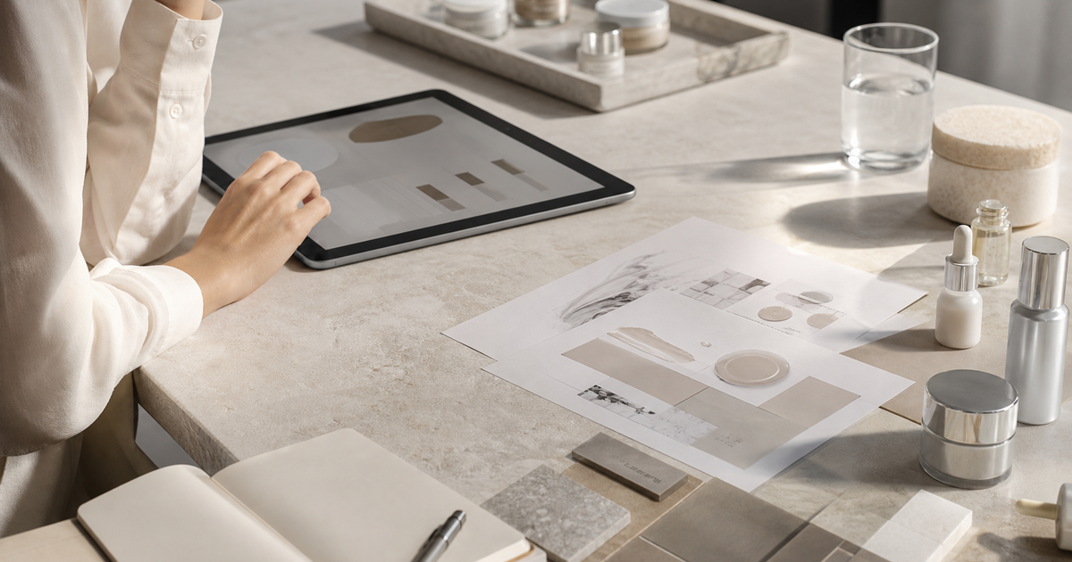 Stone-topped beauty strategy desk with merchandising notes, neutral product samples, and a tablet beside a metal pen.