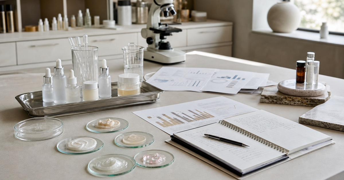 Product development bench with skincare vials, cream samples, market charts, and a microscope notebook.