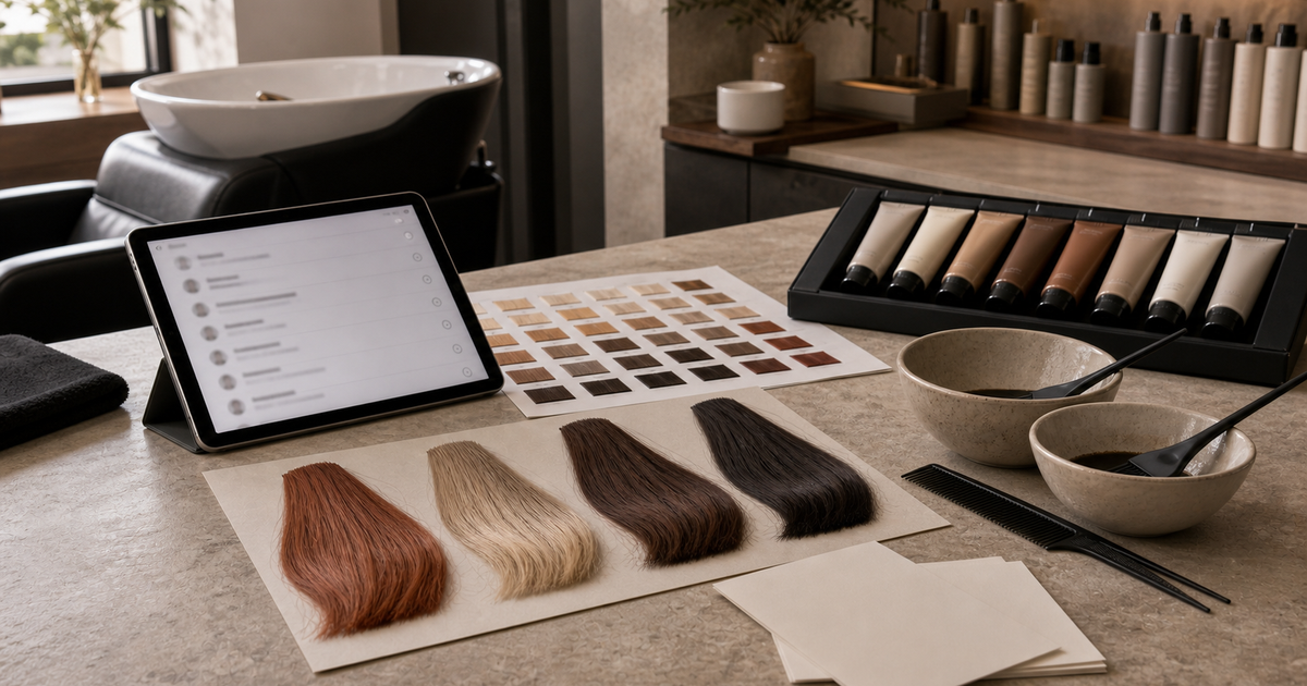 June 2026 salon color consultation merchandising station for Reddit hair correction questions with copper swatches