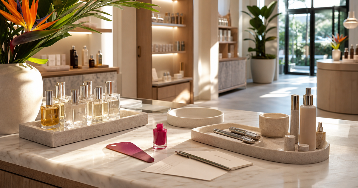 Late-afternoon shadow across a travertine beauty counter with perfume blotters, fuchsia lacquer, cards, and a tablet