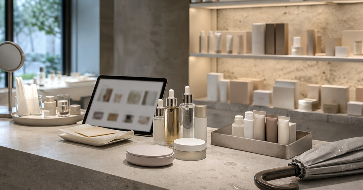 Beauty retail counter with serum bottles, sample minis, a tablet, and a folded umbrella in a neutral boutique interior