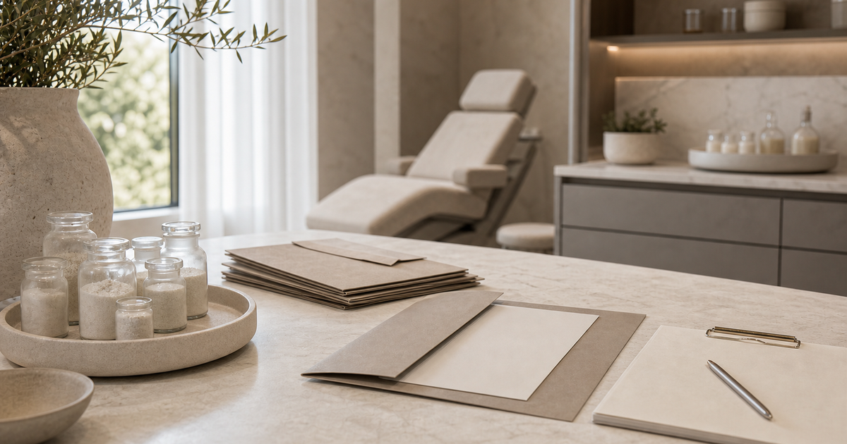 Stone-top medspa workspace with ingredient jars, paper folders, and a treatment chair in soft daylight