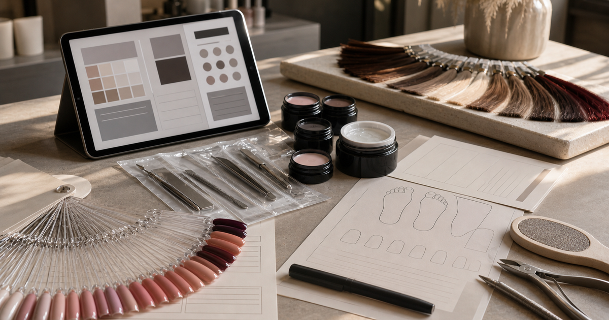 Low side-light salon planning station with crescent nail swatches, hair color strands, sealed tools, and blank intake forms