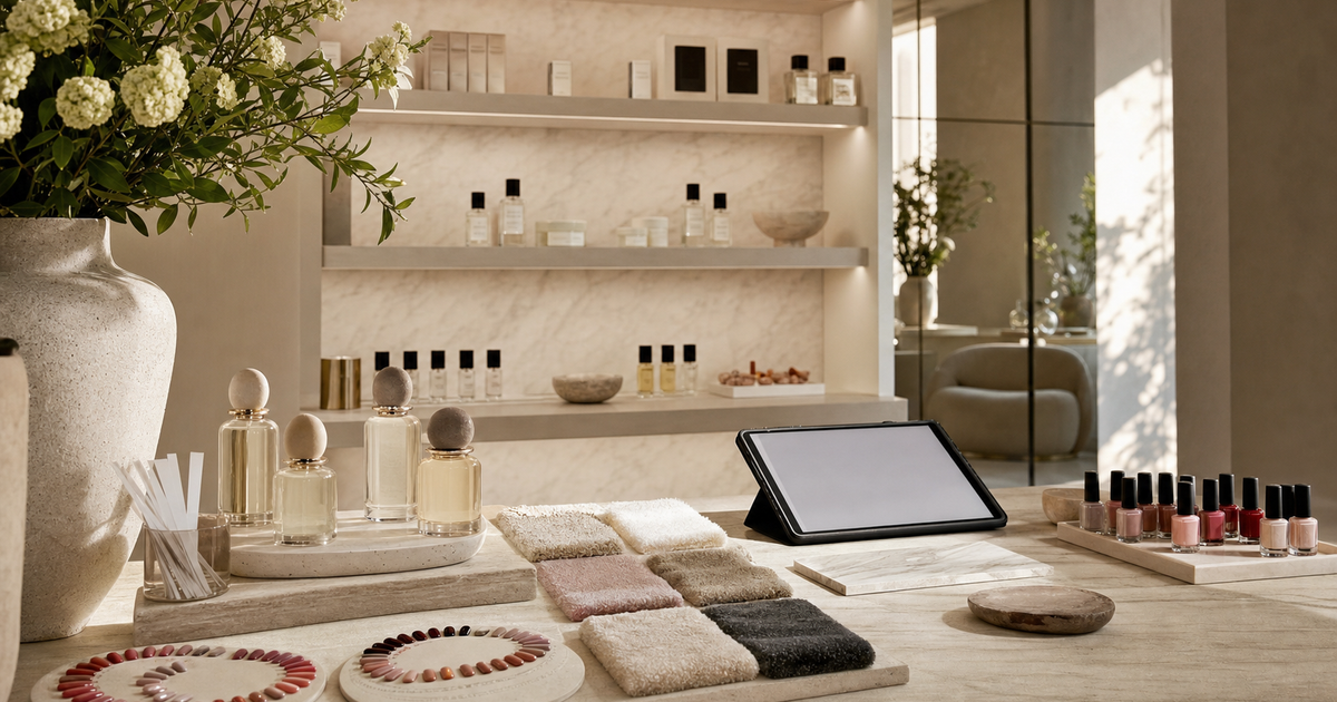 Stone lab bench with sample jars, glass beakers, supplier notes, and a tablet in soft daylight