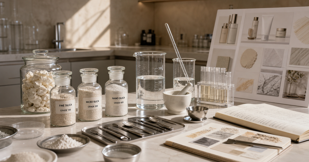 Silica samples and water-testing glassware on a premium skincare lab counter