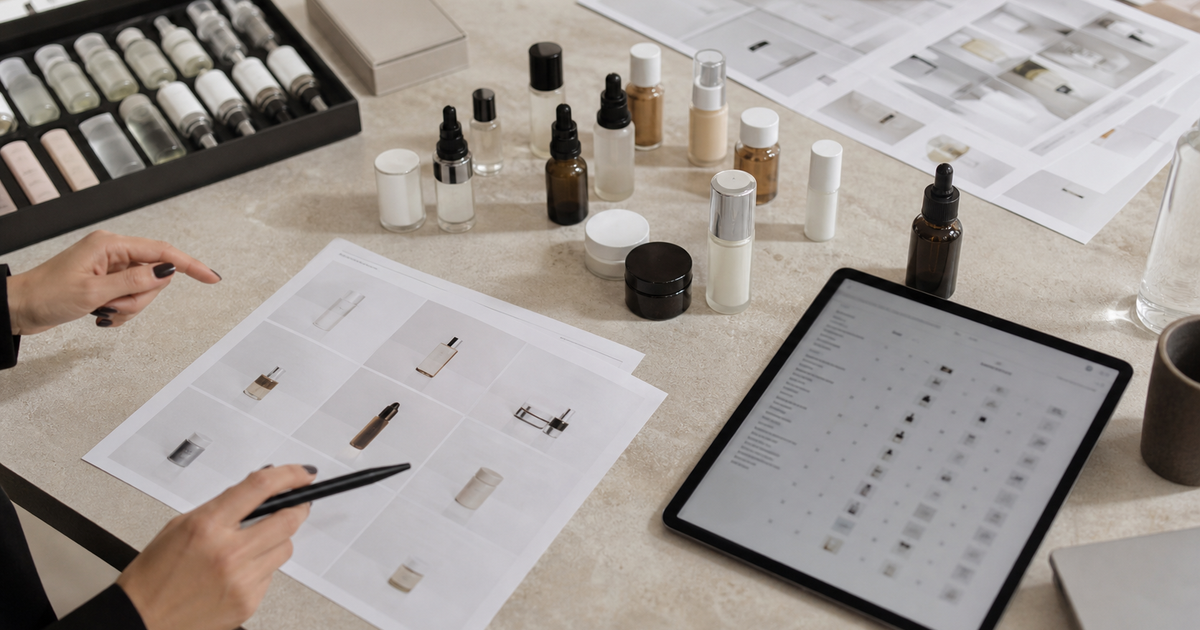 Beauty merchandising workspace with sample bottles, assortment sheets, and a tablet on a stone table