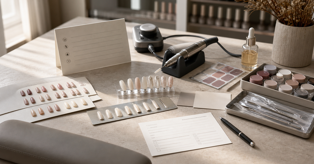 Cordless e-file and bridal nail swatches on a salon consultation counter