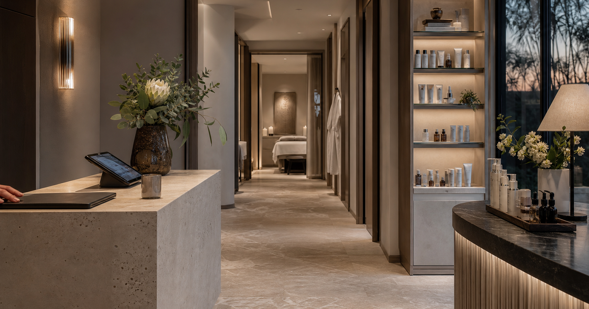 Luxury hotel spa reception with skincare shelves, booking tablet, and treatment corridor at dusk