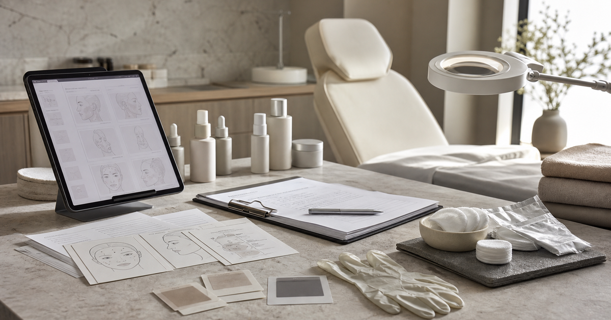 Medspa treatment room desk showing peel supplies, consent forms, and aftercare materials for a report on service-risk communication.