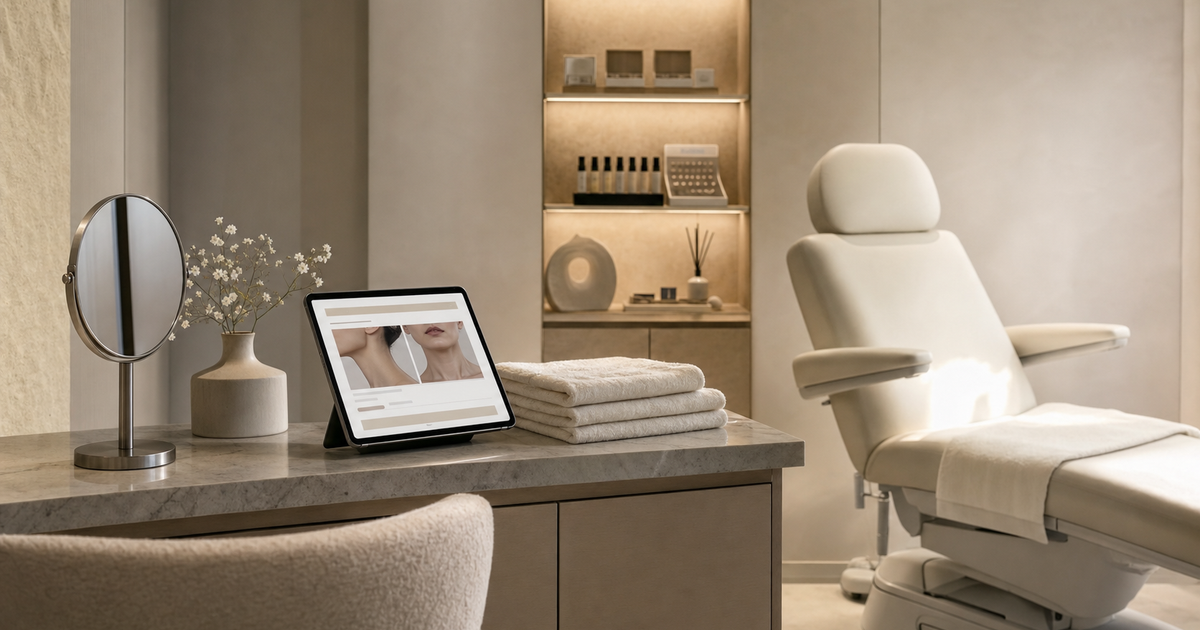 Medspa consultation room with neck-treatment tablet, mirror, under-eye testers, and treatment chair