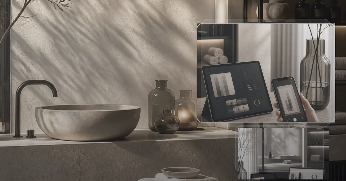 Medspa treatment room with towels, amber bottles, and a blurred tablet on a stone desk.