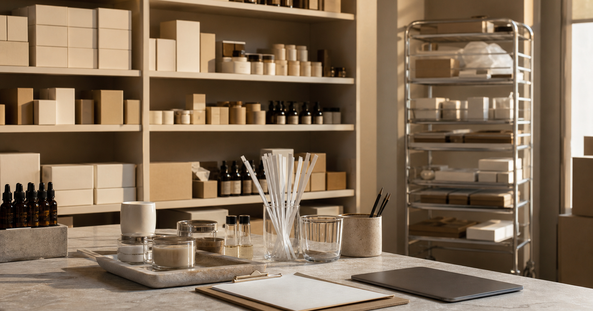 Beauty stockroom with unlabeled cartons, fragrance blotters, a clipboard, and a closed laptop on a stone worktable.
