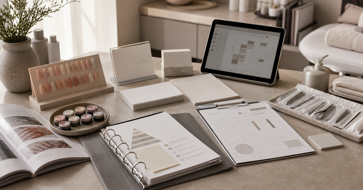 Salon and medspa planning counter with nail swatches, training binder, service menu cards, and tablet