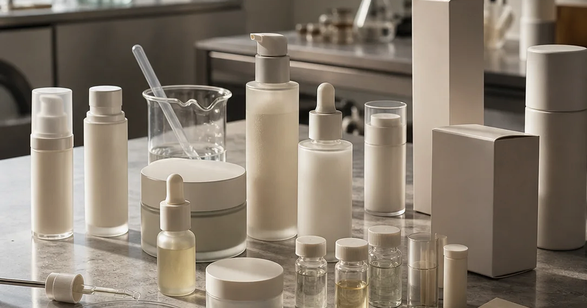 Stone beauty retail counter with skincare testers, neutral nail swatches, a folded towel, and a merchandising tablet in morning light.