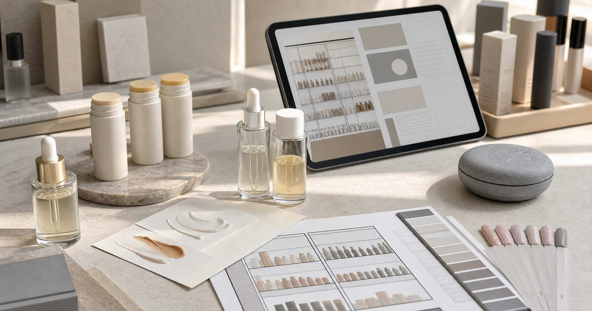 Beauty retail counter linking serum packaging, sound cues, nail swatches and sunscreen samples