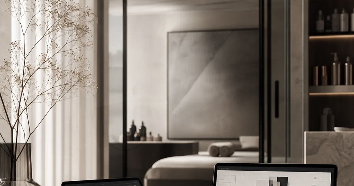 Stone treatment workspace with analysis tablet, open laptop, sheer curtains, and a tucked medspa bed