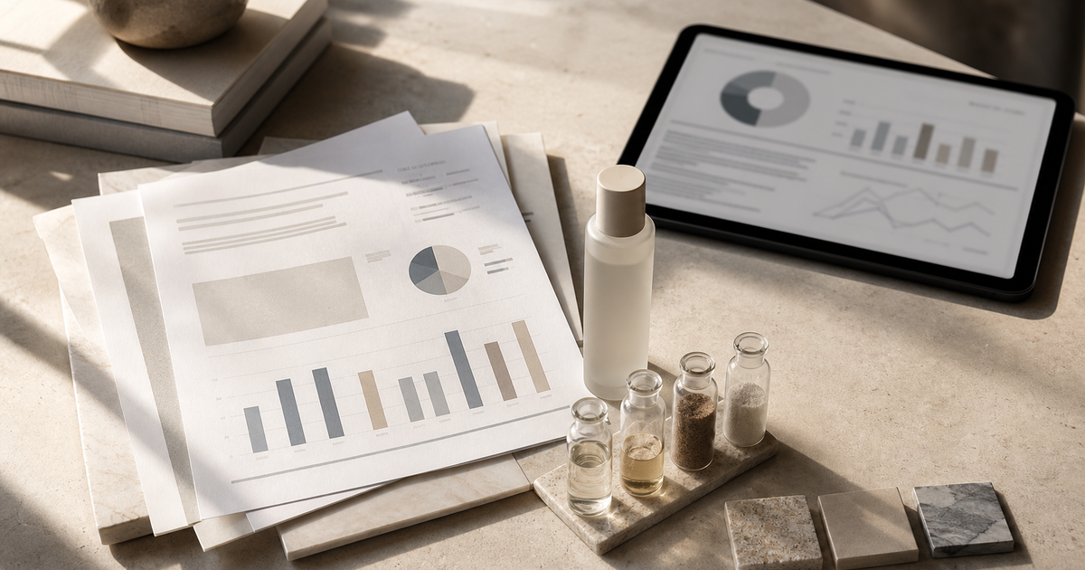 Printed market reports, a skincare bottle, and ingredient vials beside a tablet on a pale stone desk.