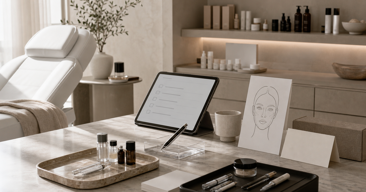 Medspa treatment chair beside a tablet checklist, facial diagram card, and filler aftercare tray.