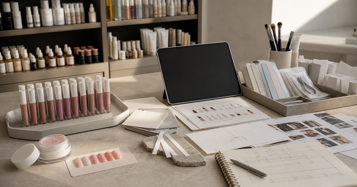 Beauty retail counter with lip oils, nail swatches, fragrance strips, and salon planning tools