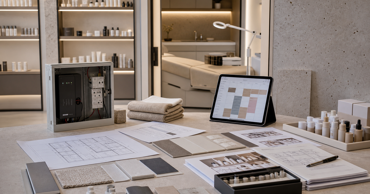 Beauty buildout planning table with energy backup notes, compact floor plans and retail tester trays