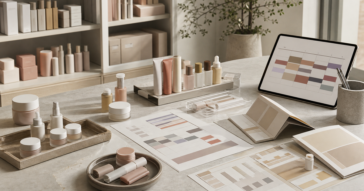 Beauty retail merchandising worktable with skincare samples, margin sheets, and boutique layout cards.