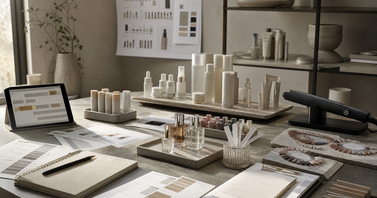 Beauty retail Prime Day planning counter with sunscreen sticks, nail wheels, fragrance blotters, hair tool, and tablet
