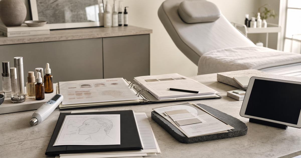 Medspa skincare research desk with acne, rosacea, hydration, and laser review materials