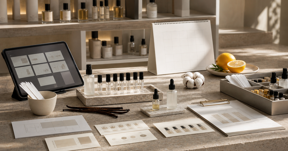 Beauty retail fragrance counter with scent blotters, sample vials, and a blank summer promo calendar