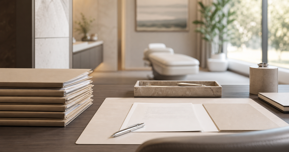 Neutral-toned operator desk with stacked legal folders inside a quiet treatment-office setting.