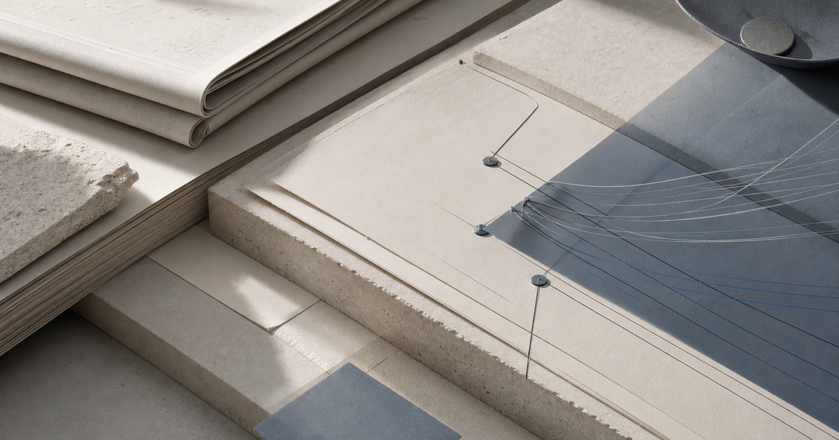 Layered bone paper and pale stone surfaces crossed by fine signal-like lines in a quiet editorial still life.