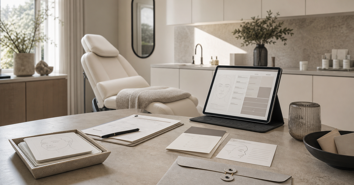 Medspa consultation room set for facial balancing assessment with tablet, mirror, and treatment chair.
