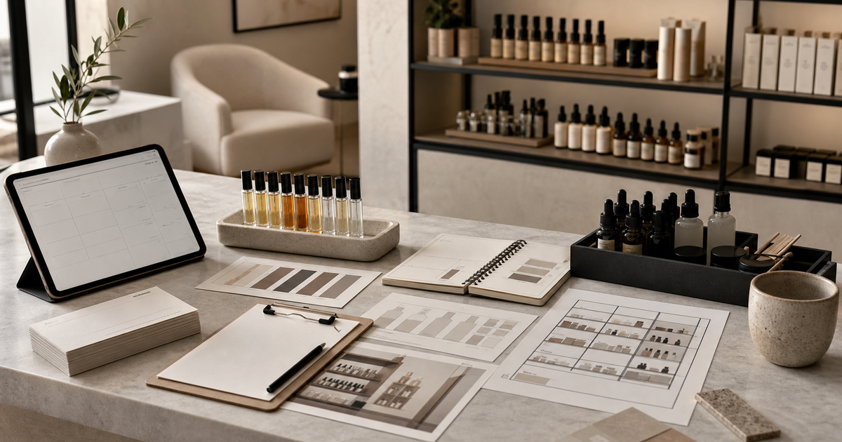 Beauty retail and medspa desk with perfume oils, price notes, supplier catalogs, and local discovery checklist